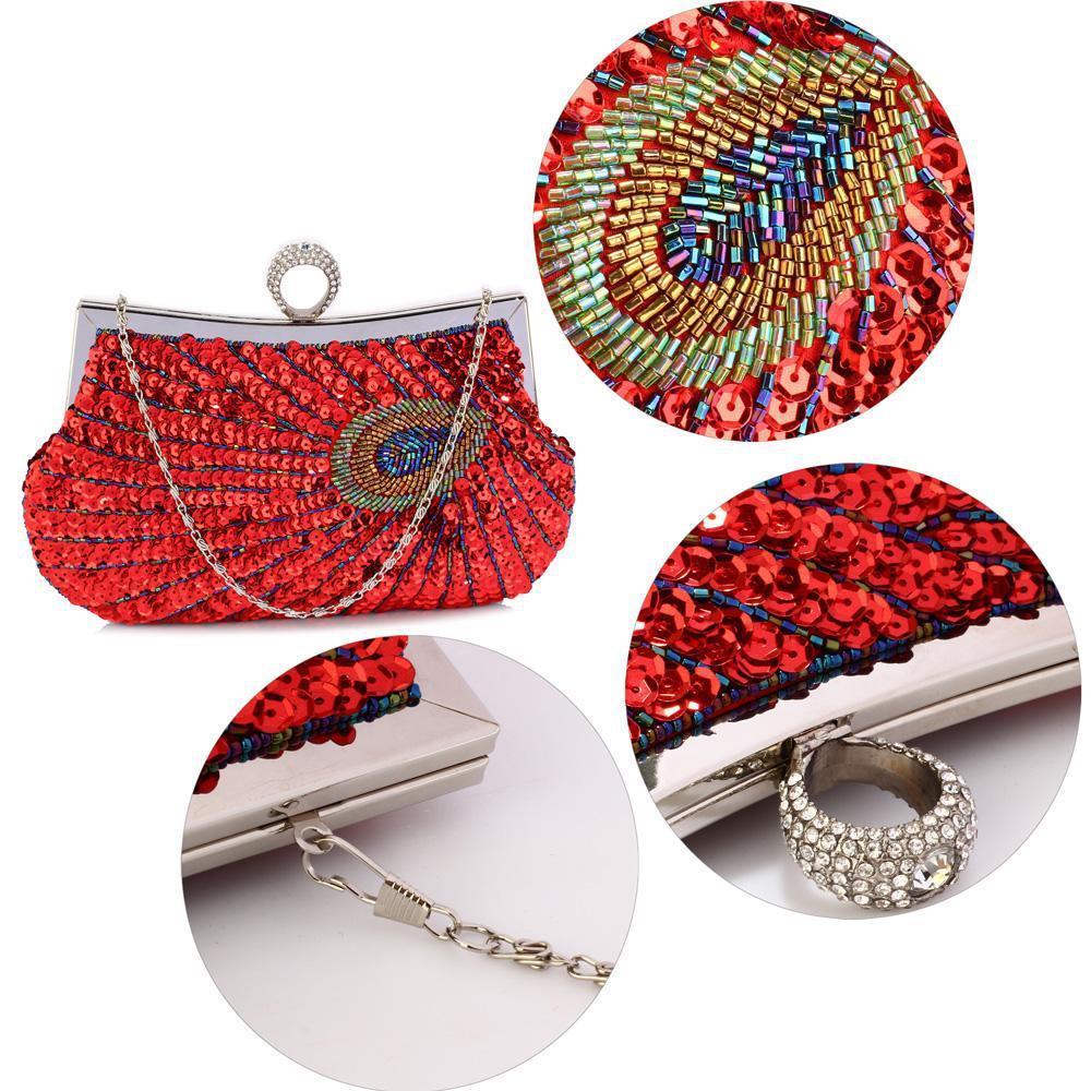 Peacock Feather Design Red Sequin Clutch Bag-Fascinators Direct