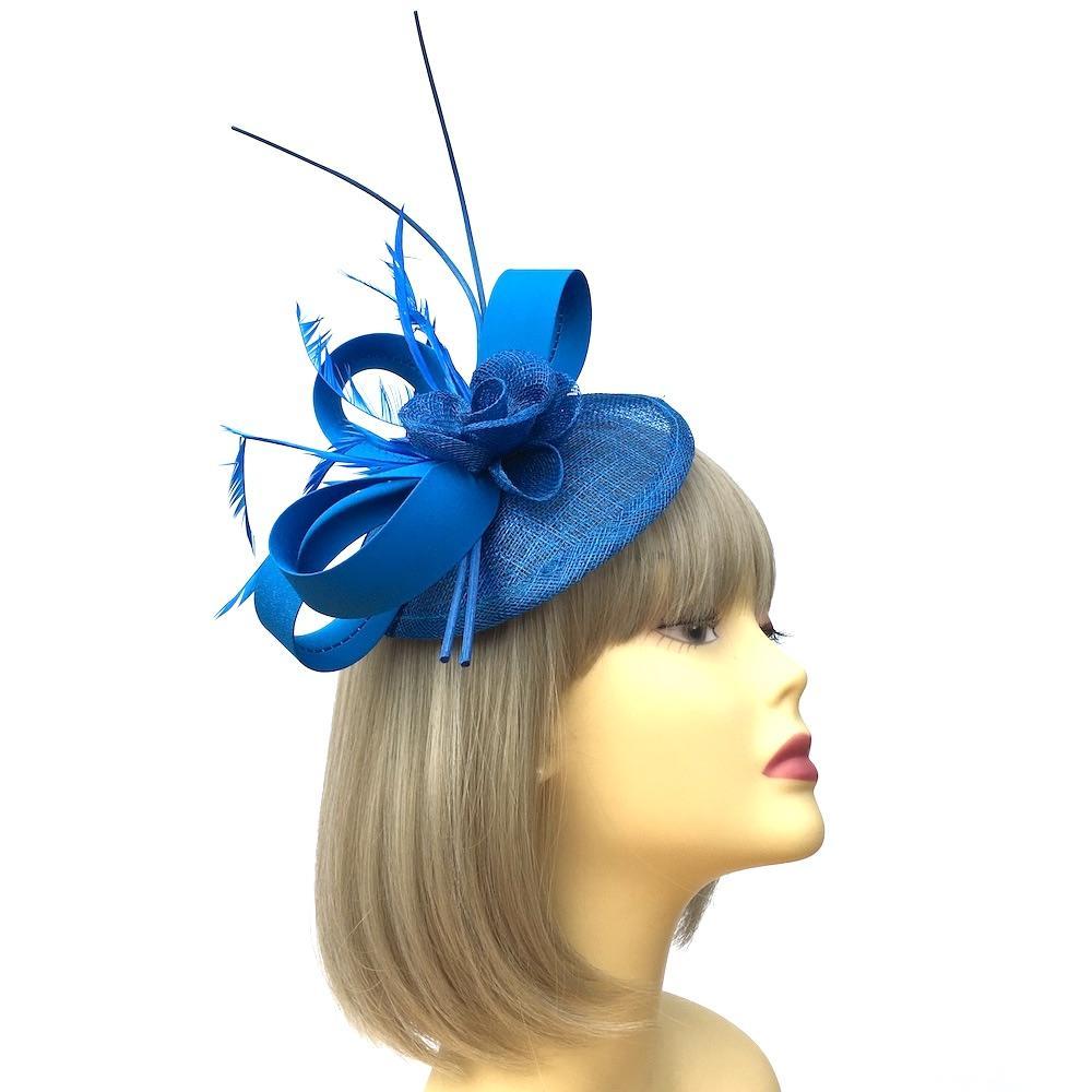 Persian Blue Disc Fascinator with Ribbons, Quills & Feathers-Fascinators Direct