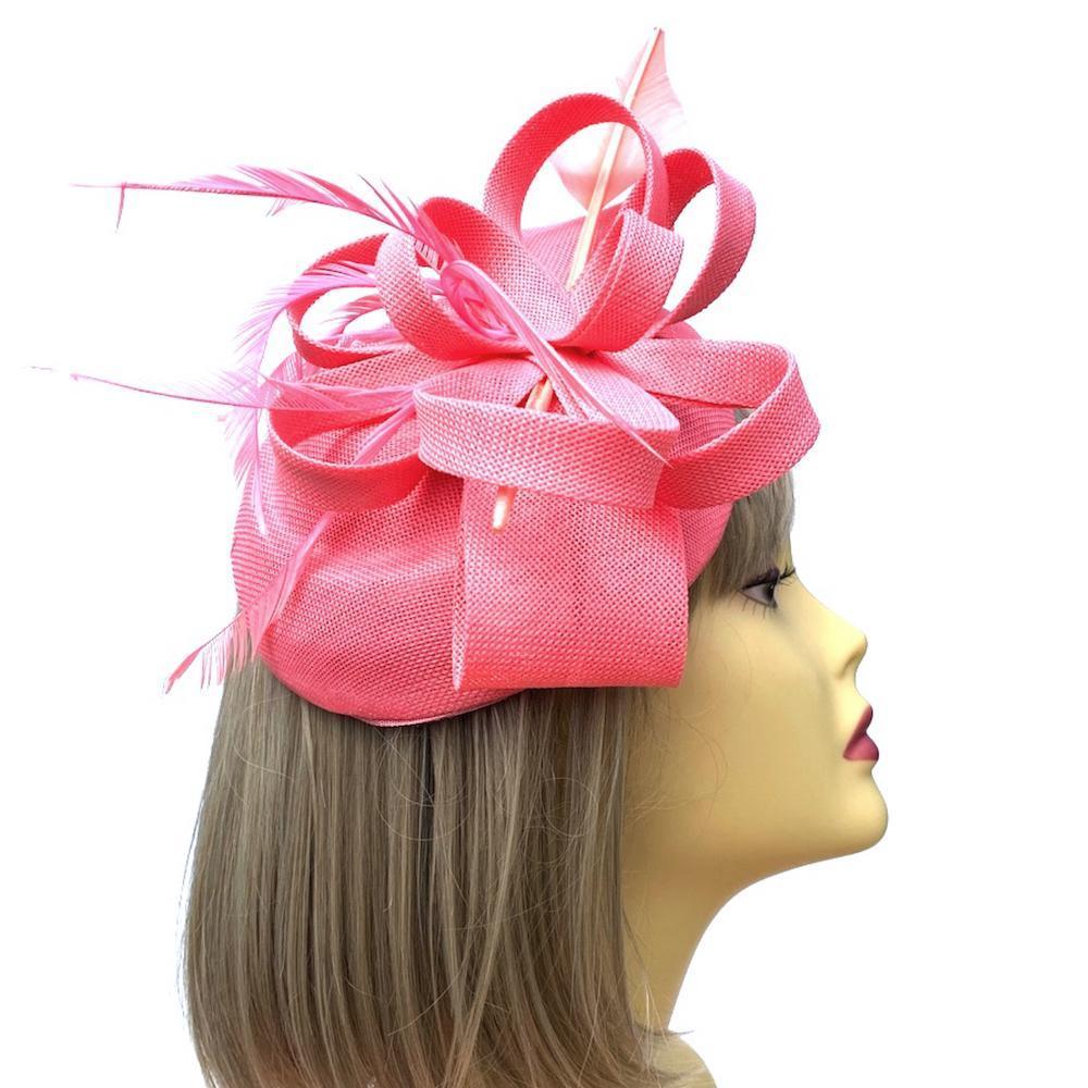 Pink Pillbox Fascinator Hat with Feather Quill &amp; Sinamay Loops-Fascinators Direct