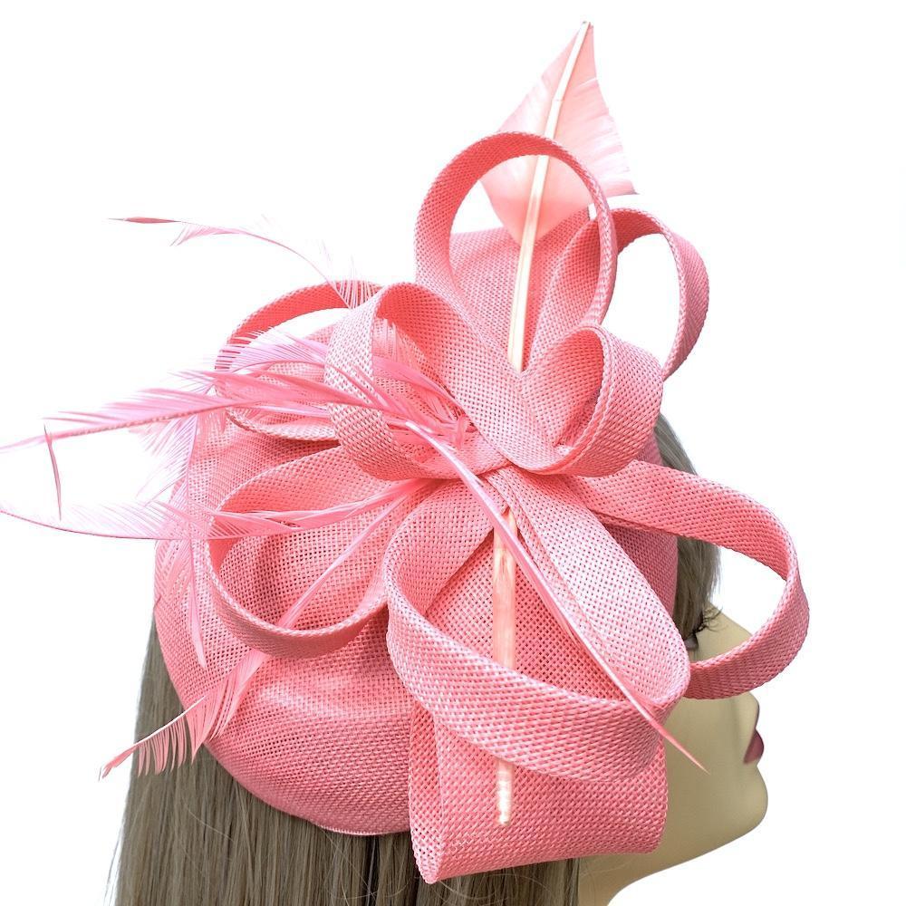 Pink Pillbox Fascinator Hat with Feather Quill &amp; Sinamay Loops-Fascinators Direct