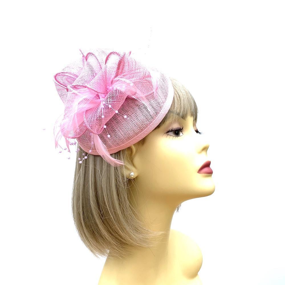 Pink Sinamay Pillbox Fascinator with Feathers & Beads-Fascinators Direct