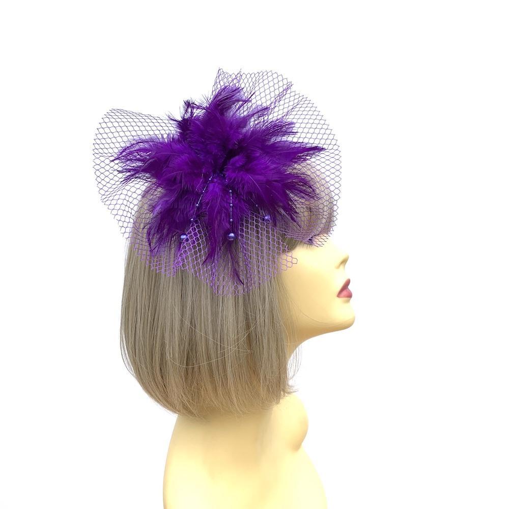 Purple Fascinator Clip with Feather Flower &amp; Netting-Fascinators Direct