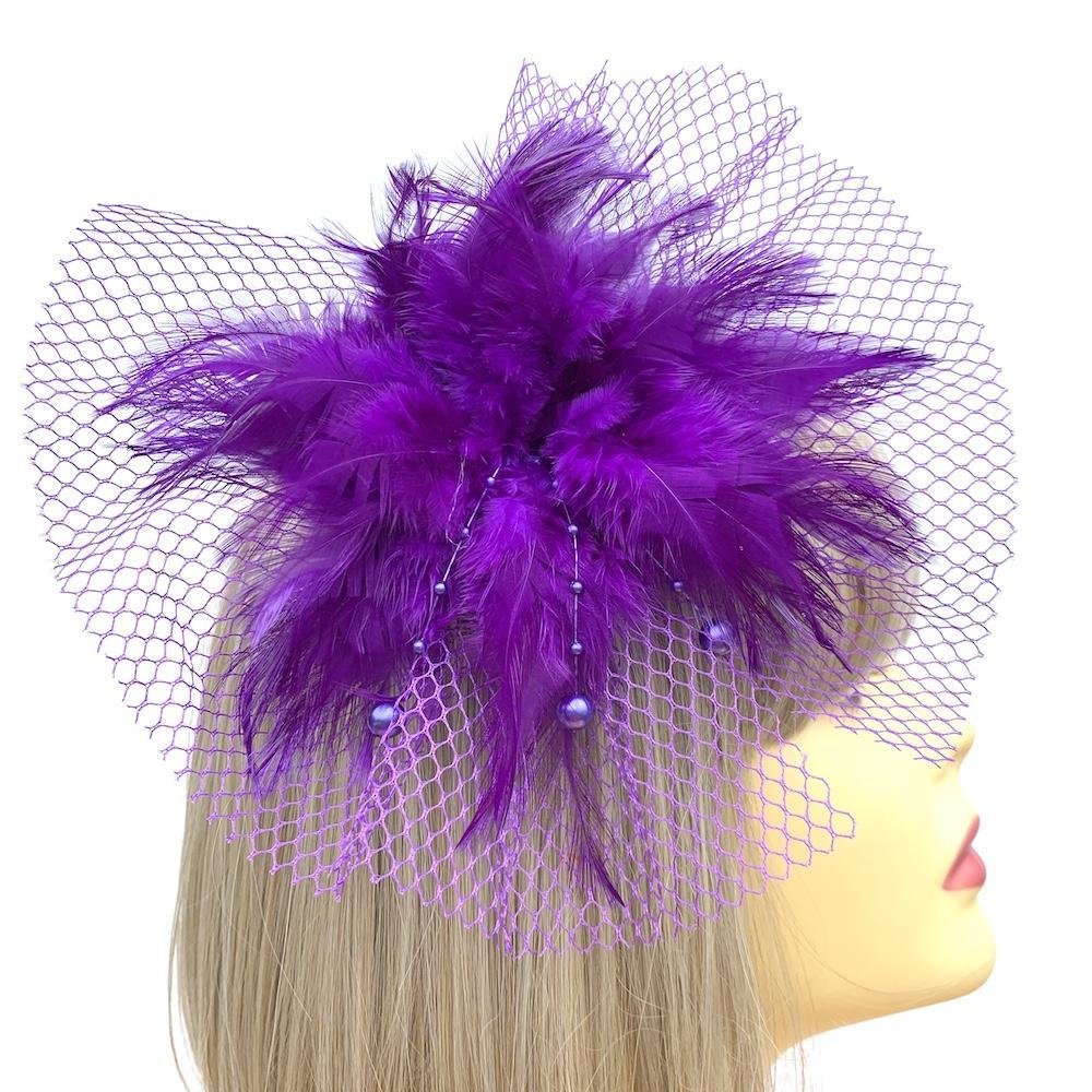Purple Fascinator Clip with Feather Flower &amp; Netting-Fascinators Direct