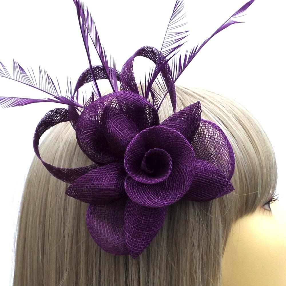 Dark Purple Flower Fascinator Clip with Feathers