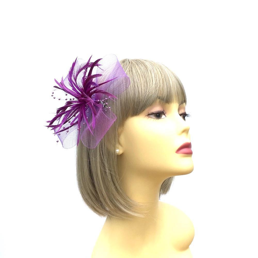 Purple Hair Fascinator with Crin Loops, Beads & Feathers-Fascinators Direct