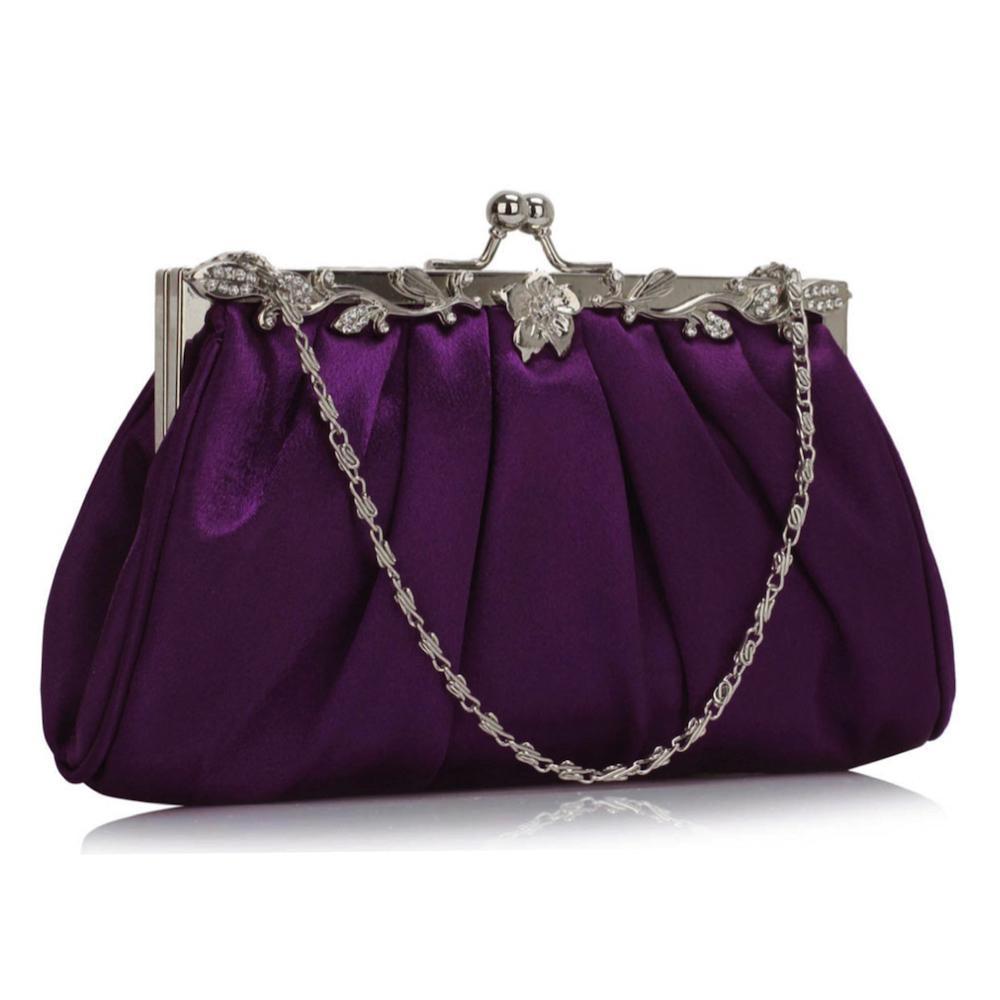 Vintage Style Cadbury Purple Satin Clutch Bag with Diamante Flower