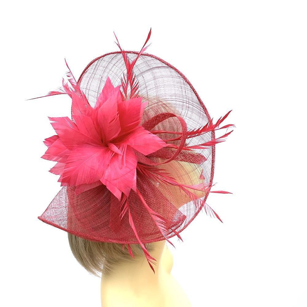 Raspberry Fascinator on Comb with Feather Flower-Fascinators Direct