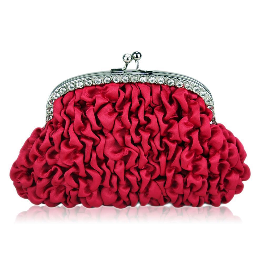 Raspberry Red Ruched Satin Clutch Bag with Diamante-Fascinators Direct