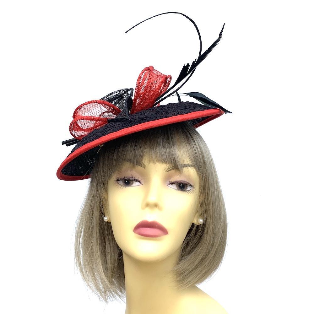 Red &amp; Black Fascinator Hat with Embroidered Detail-Fascinators Direct