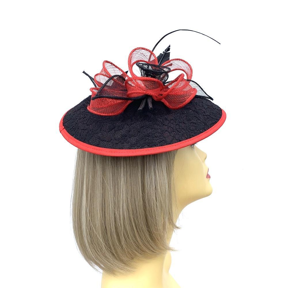 Red &amp; Black Fascinator Hat with Embroidered Detail-Fascinators Direct