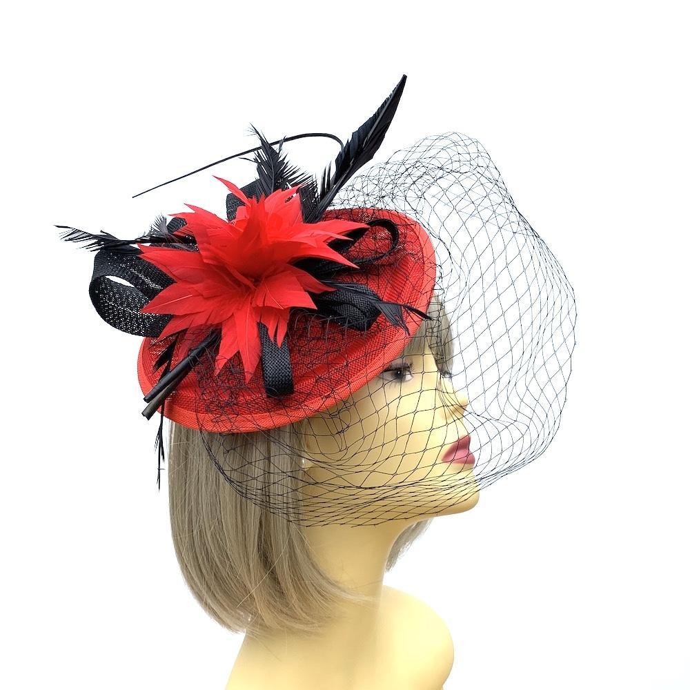 Red &amp; Black Fascinator with Veil &amp; Feather Quill-Fascinators Direct