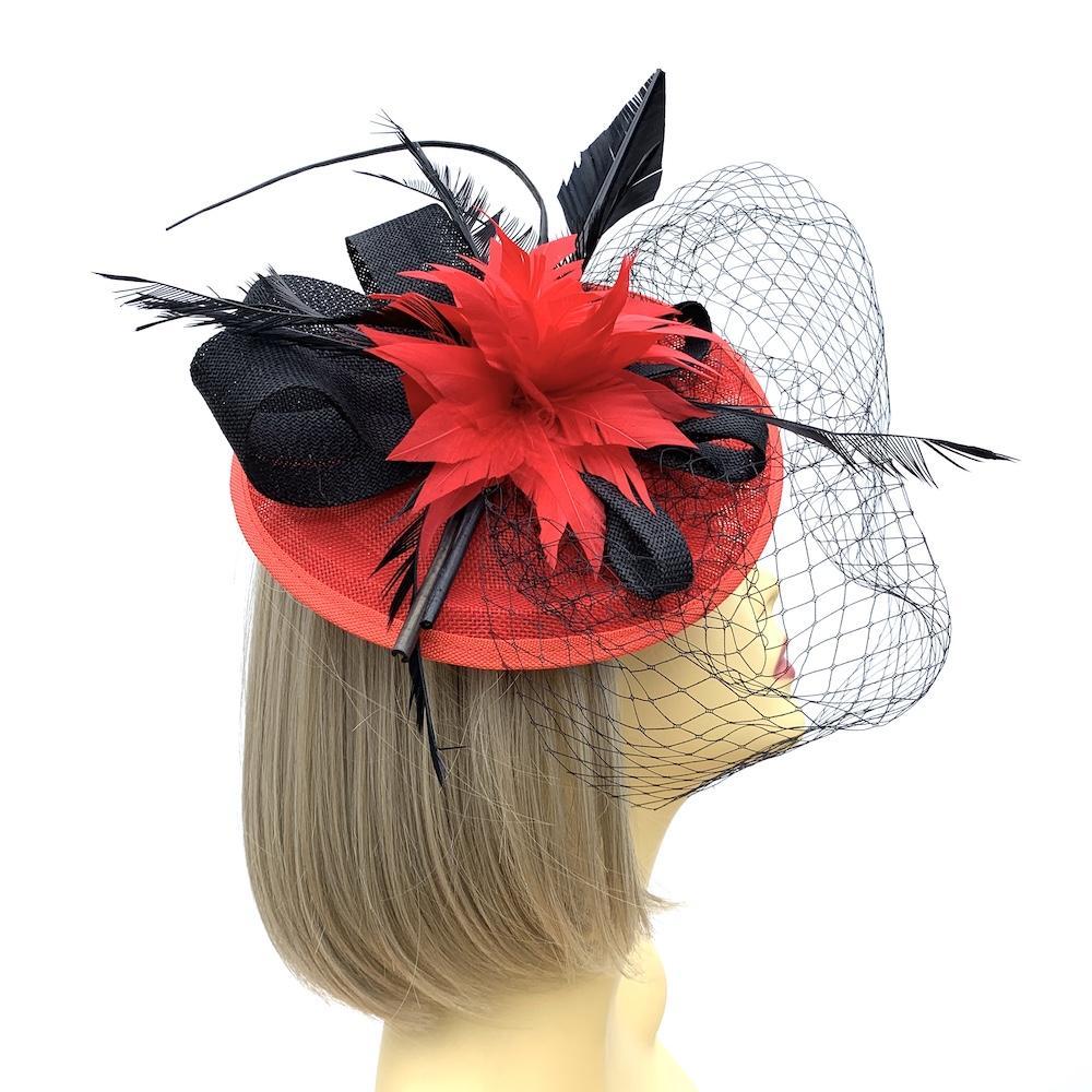 Red &amp; Black Fascinator with Veil &amp; Feather Quill-Fascinators Direct