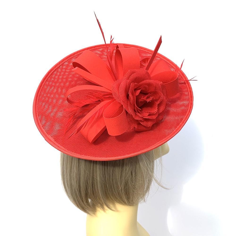 Red Disc Hatinator with Sinamay Rose & Feathers-Fascinators Direct