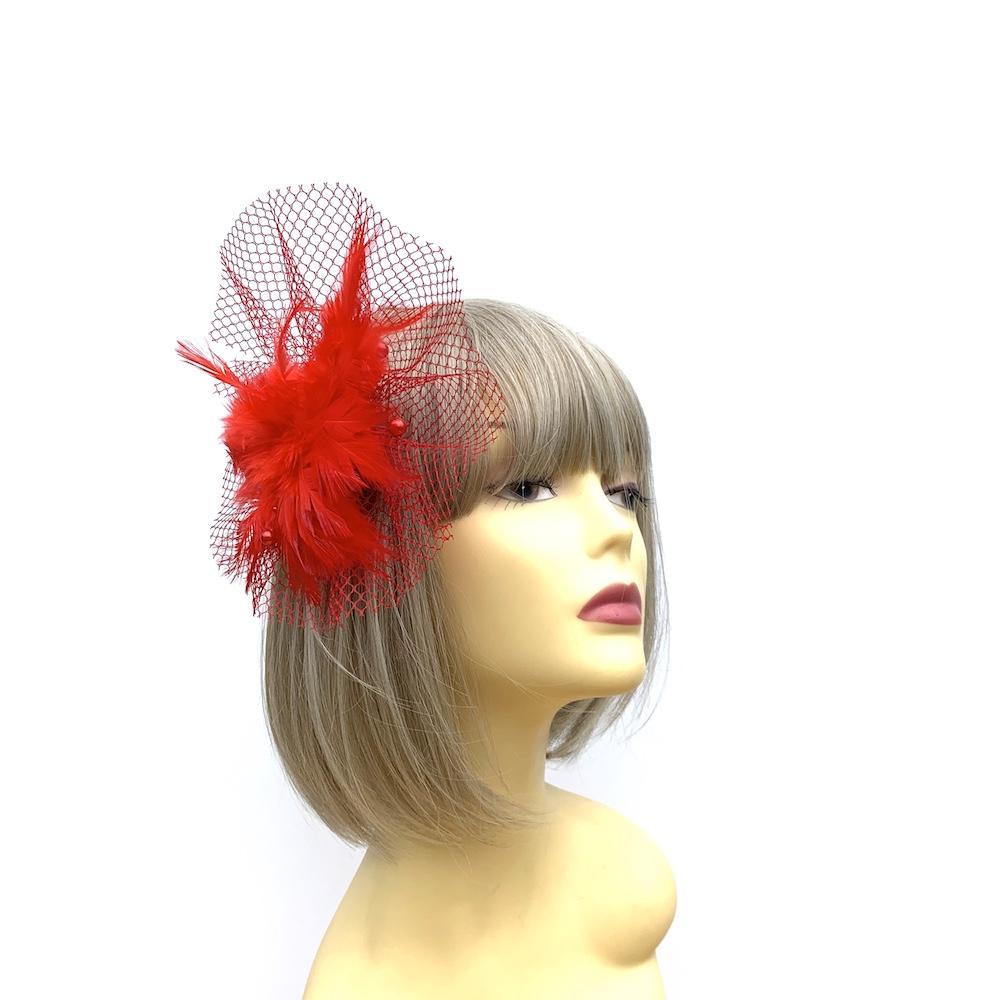 Red Fascinator Clip with Feather Flower & Netting-Fascinators Direct