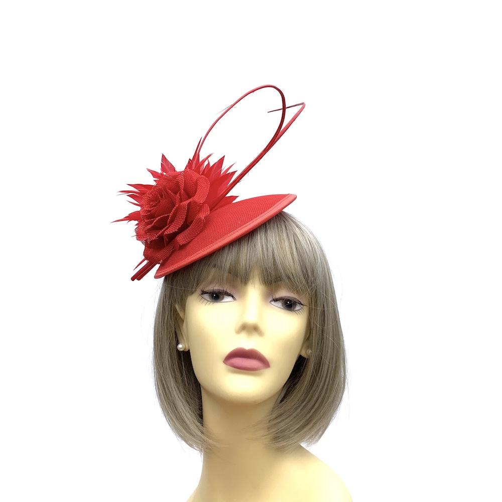 Red Fascinator Hat with Curled Quills and Feather Flower-Fascinators Direct