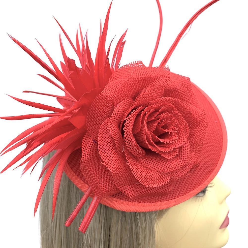 Red Fascinator Hat with Curled Quills and Feather Flower-Fascinators Direct