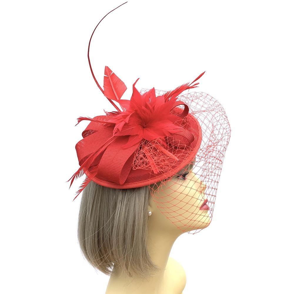 Red Fascinator with Veil &amp; Feather Quill-Fascinators Direct