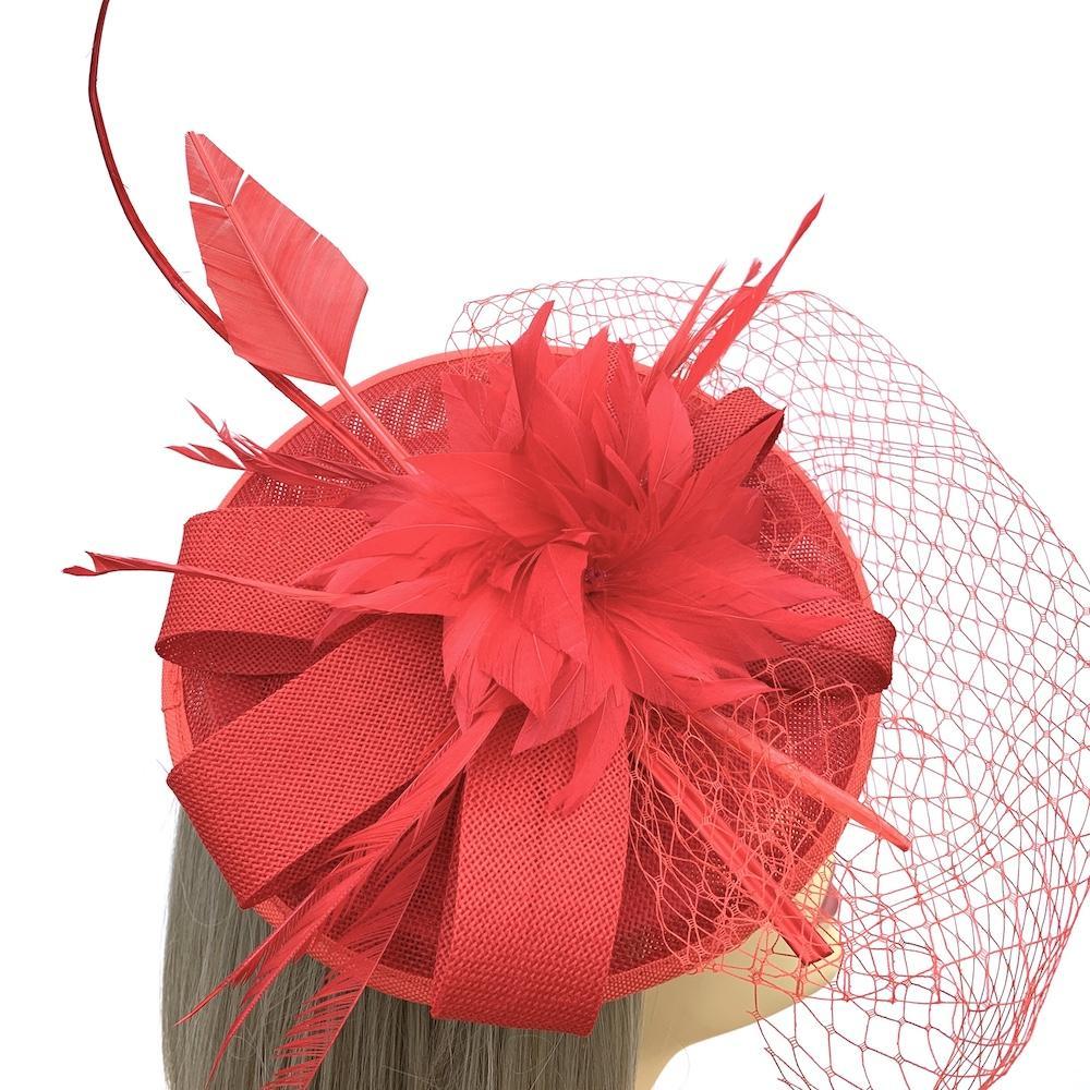 Red Fascinator with Veil &amp; Feather Quill-Fascinators Direct