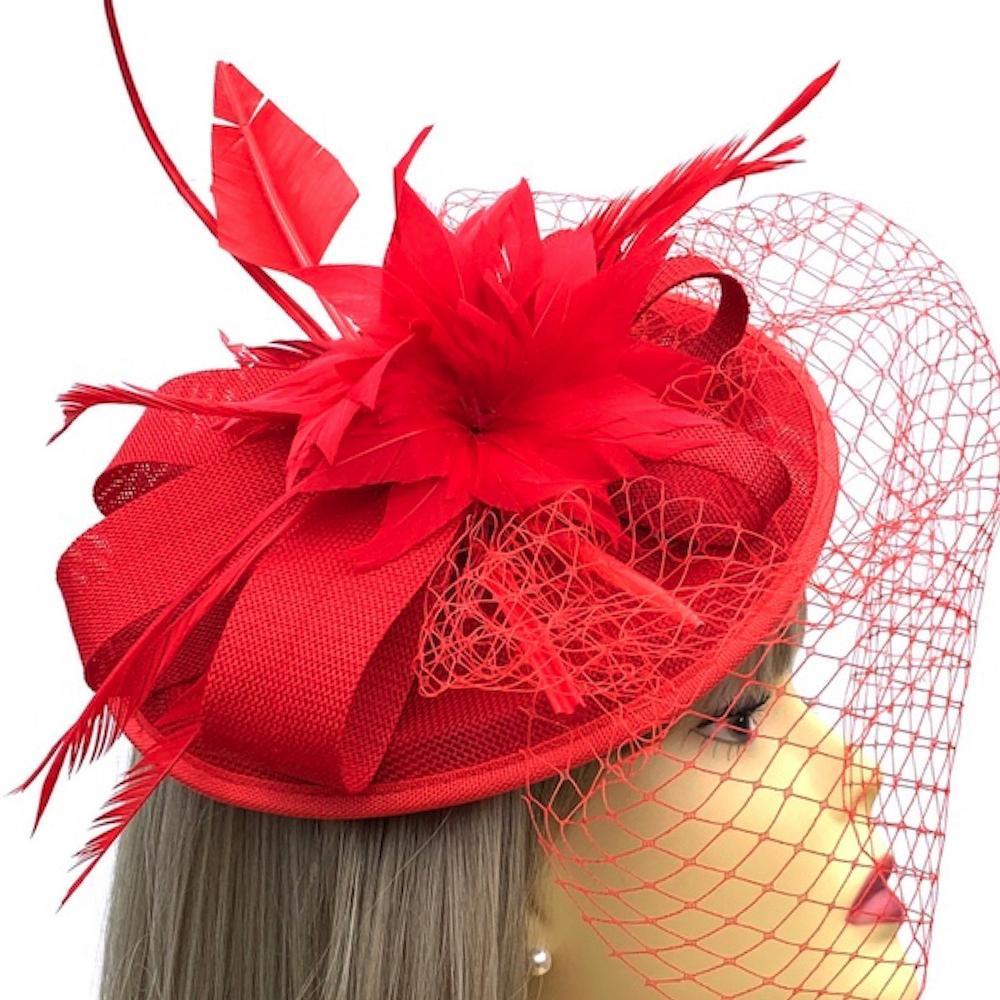 Red Fascinator with Veil &amp; Feather Quill-Fascinators Direct