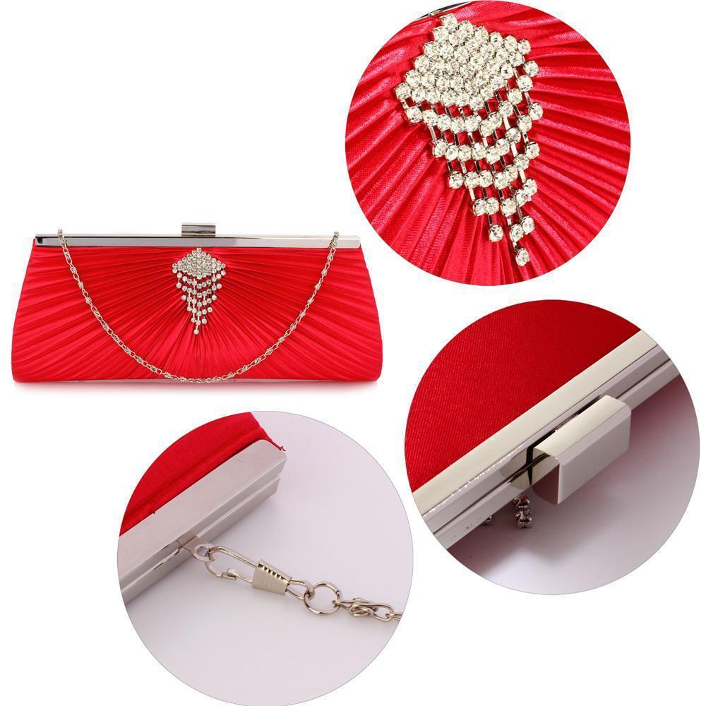 Red Satin Clutch Bag With Dangly Diamanté-Fascinators Direct
