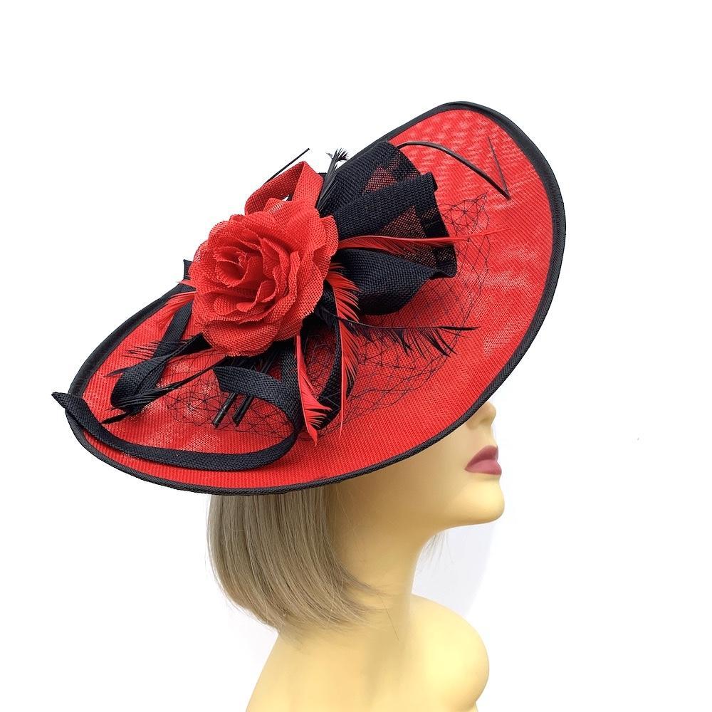 Red Saucer Fascinator Hat with Black Trim-Fascinators Direct