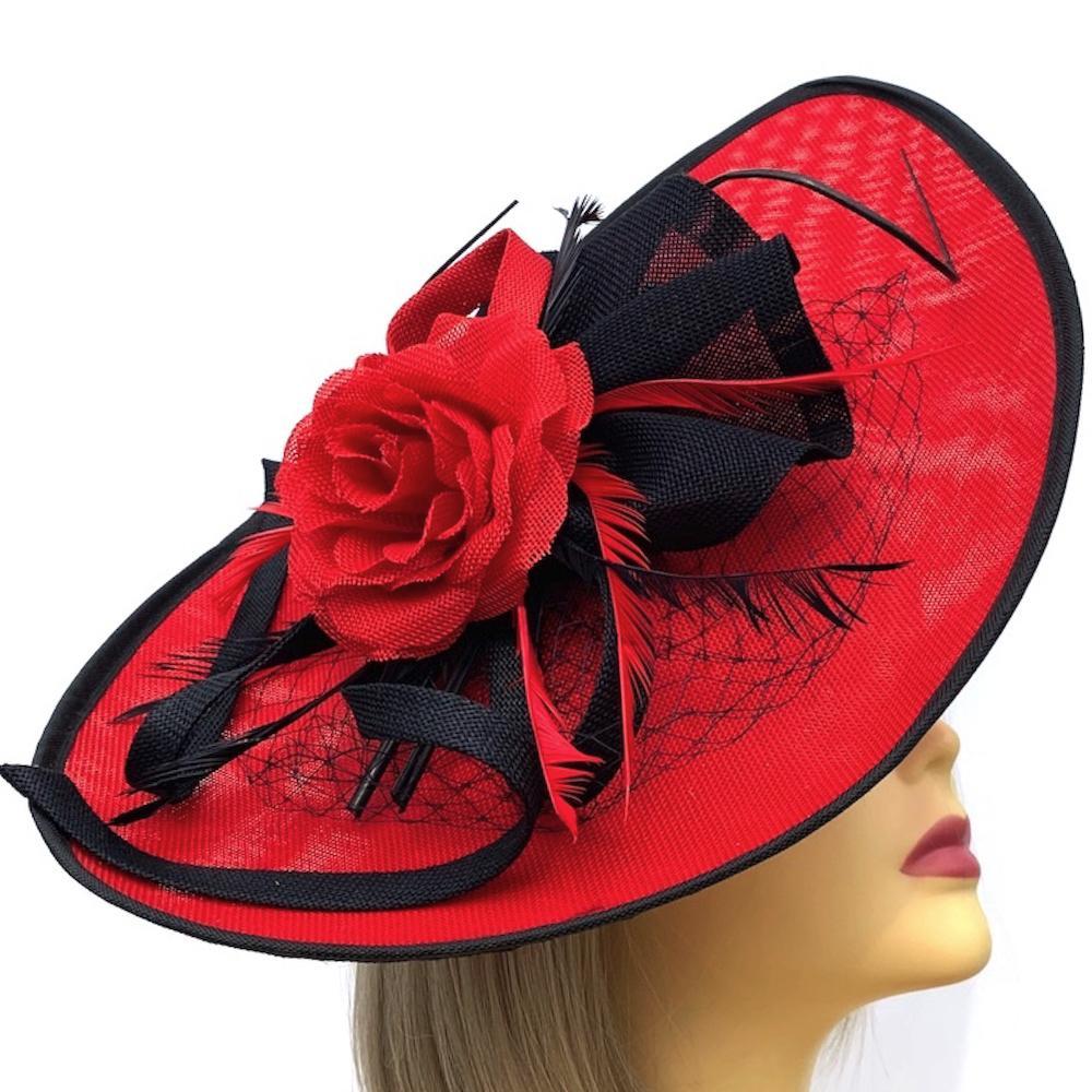 Red Saucer Fascinator Hat with Black Trim-Fascinators Direct