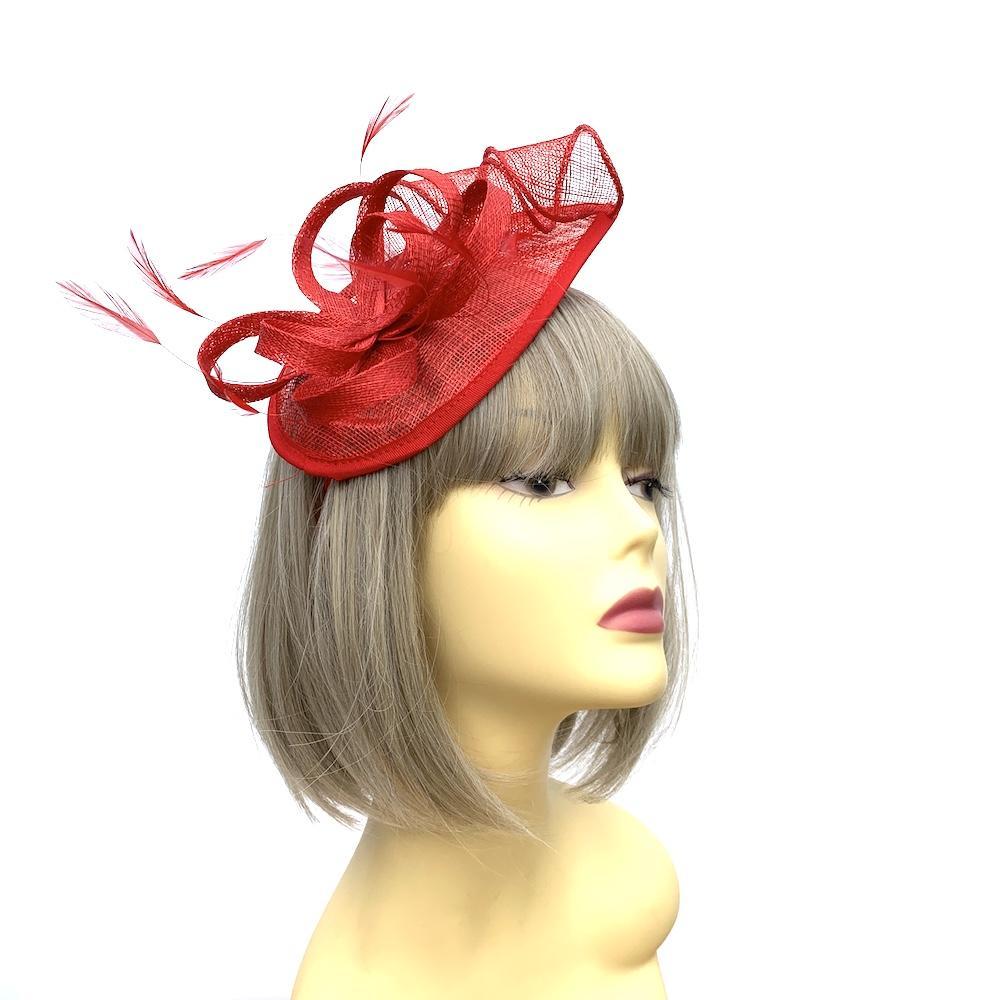 Red Teardrop Fascinator with Curled Sinamay Loops-Fascinators Direct