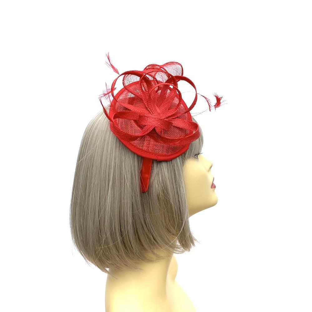 Red Teardrop Fascinator with Curled Sinamay Loops-Fascinators Direct