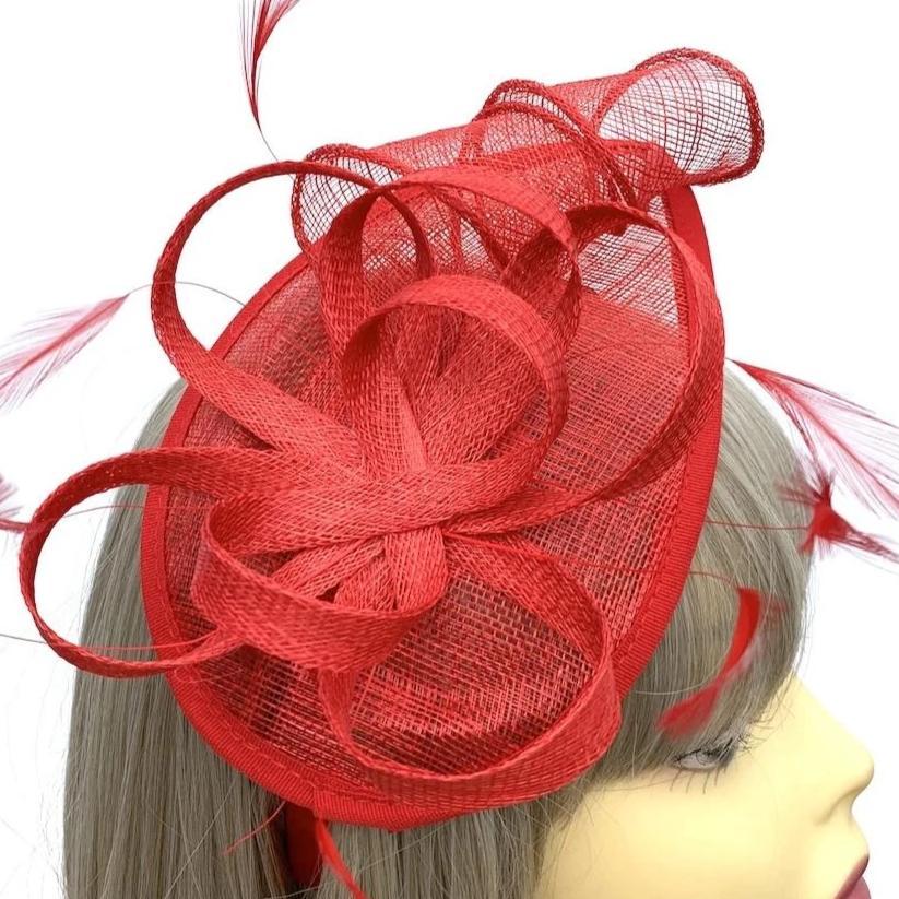 Red Teardrop Fascinator with Curled Sinamay Loops-Fascinators Direct