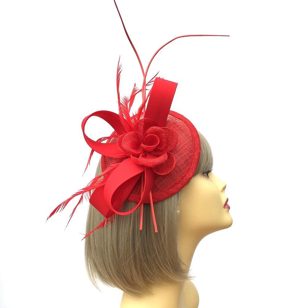 Rose Red Disc Fascinator with Ribbons, Quills & Feathers-Fascinators Direct