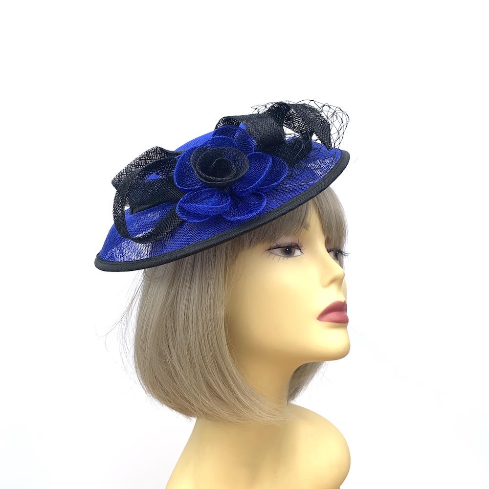 Royal Blue &amp; Black Sinamay Mesh Hatinator-Fascinators Direct