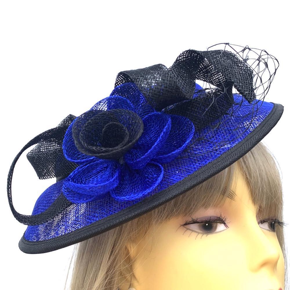 Royal Blue &amp; Black Sinamay Mesh Hatinator-Fascinators Direct