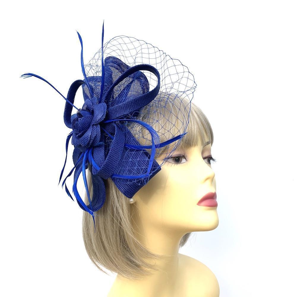 Royal Blue Fascinator Headband with Fluted Sinamay, Feathers & Net-Fascinators Direct