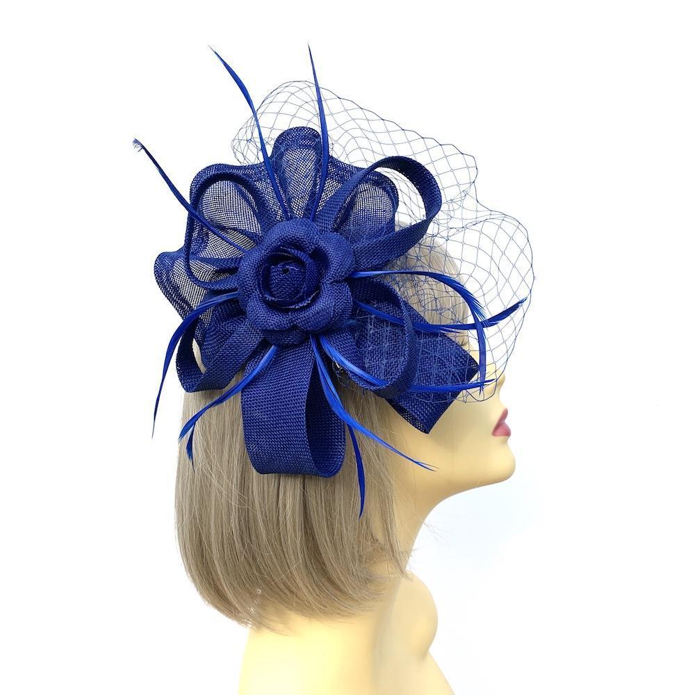 Royal Blue Fascinator Headband with Fluted Sinamay, Feathers &amp; Net-Fascinators Direct