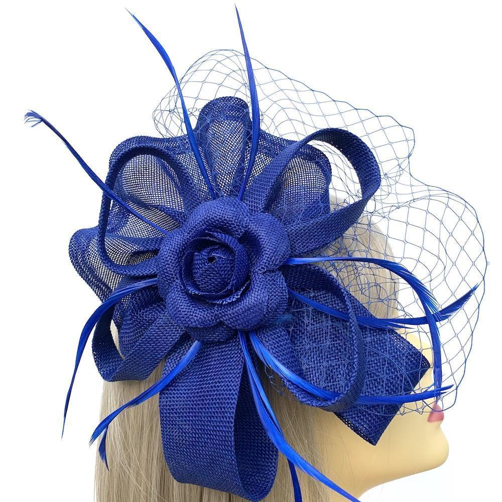 Royal Blue Fascinator Headband with Fluted Sinamay, Feathers &amp; Net-Fascinators Direct