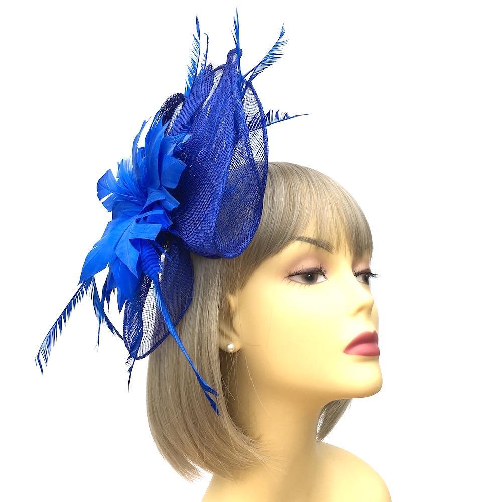 Royal Blue Fascinator on Comb with Blue Feather Flower-Fascinators Direct