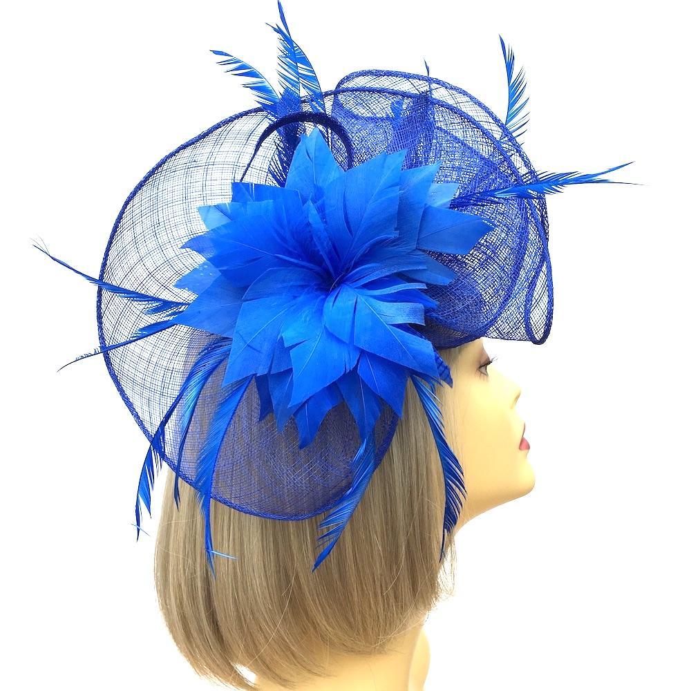 Royal Blue Fascinator on Comb with Blue Feather Flower-Fascinators Direct