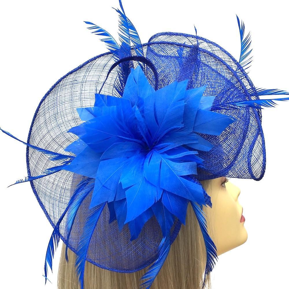 Royal Blue Fascinator on Comb with Blue Feather Flower-Fascinators Direct