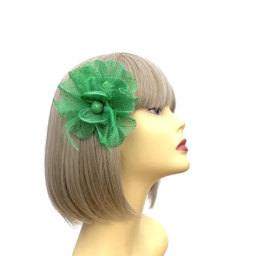 Ruched Sinamay Flower Green Fascinator Clip with Feathers-Fascinators Direct