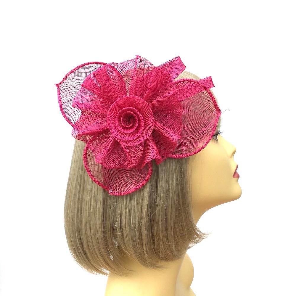 Ruched Sinamay Flower &amp; Leaf Fuchsia Pink Comb Fascinator-Fascinators Direct