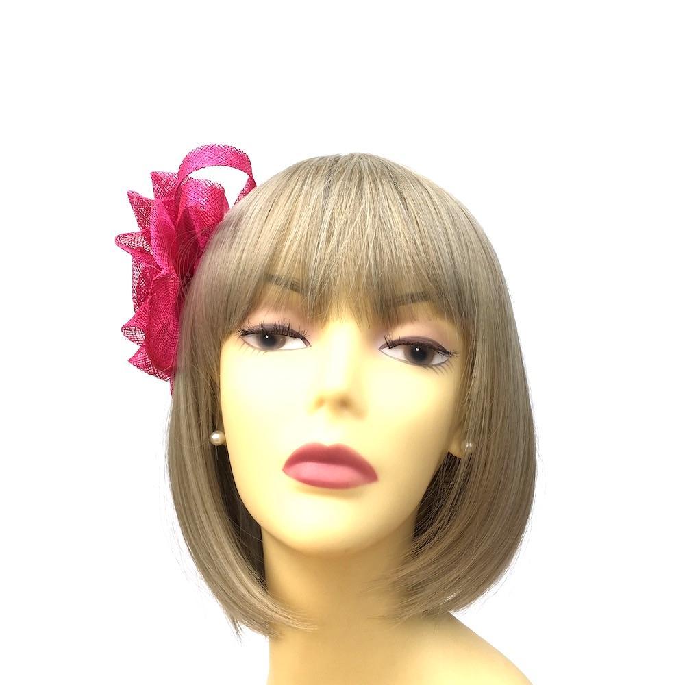 Ruched Sinamay Flower &amp; Leaf Fuchsia Pink Comb Fascinator-Fascinators Direct