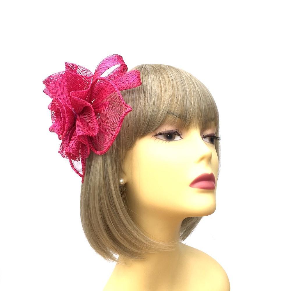 Ruched Sinamay Flower &amp; Leaf Fuchsia Pink Comb Fascinator-Fascinators Direct