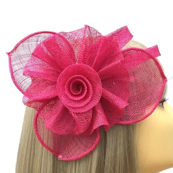 Ruched Sinamay Flower &amp; Leaf Fuchsia Pink Comb Fascinator-Fascinators Direct