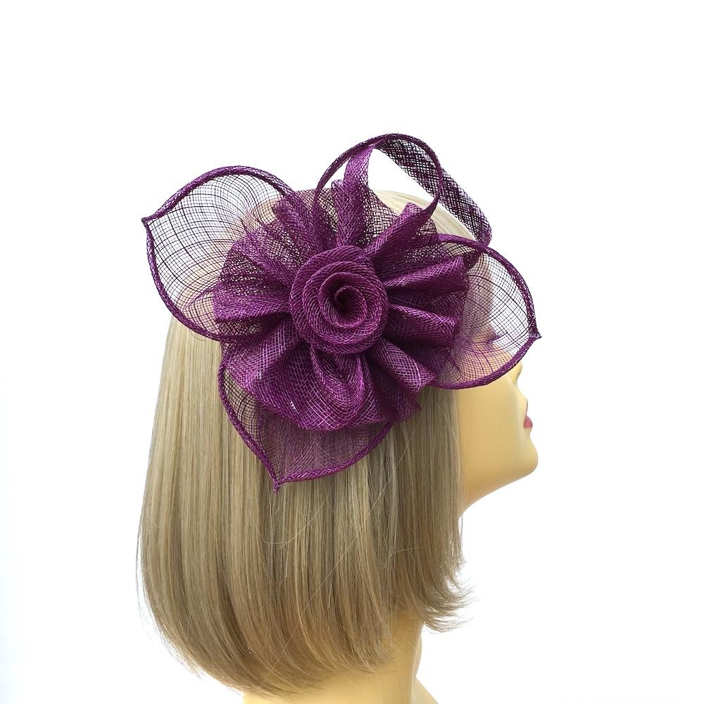 Ruched Sinamay Flower & Leaf Purple Comb Fascinator-Fascinators Direct