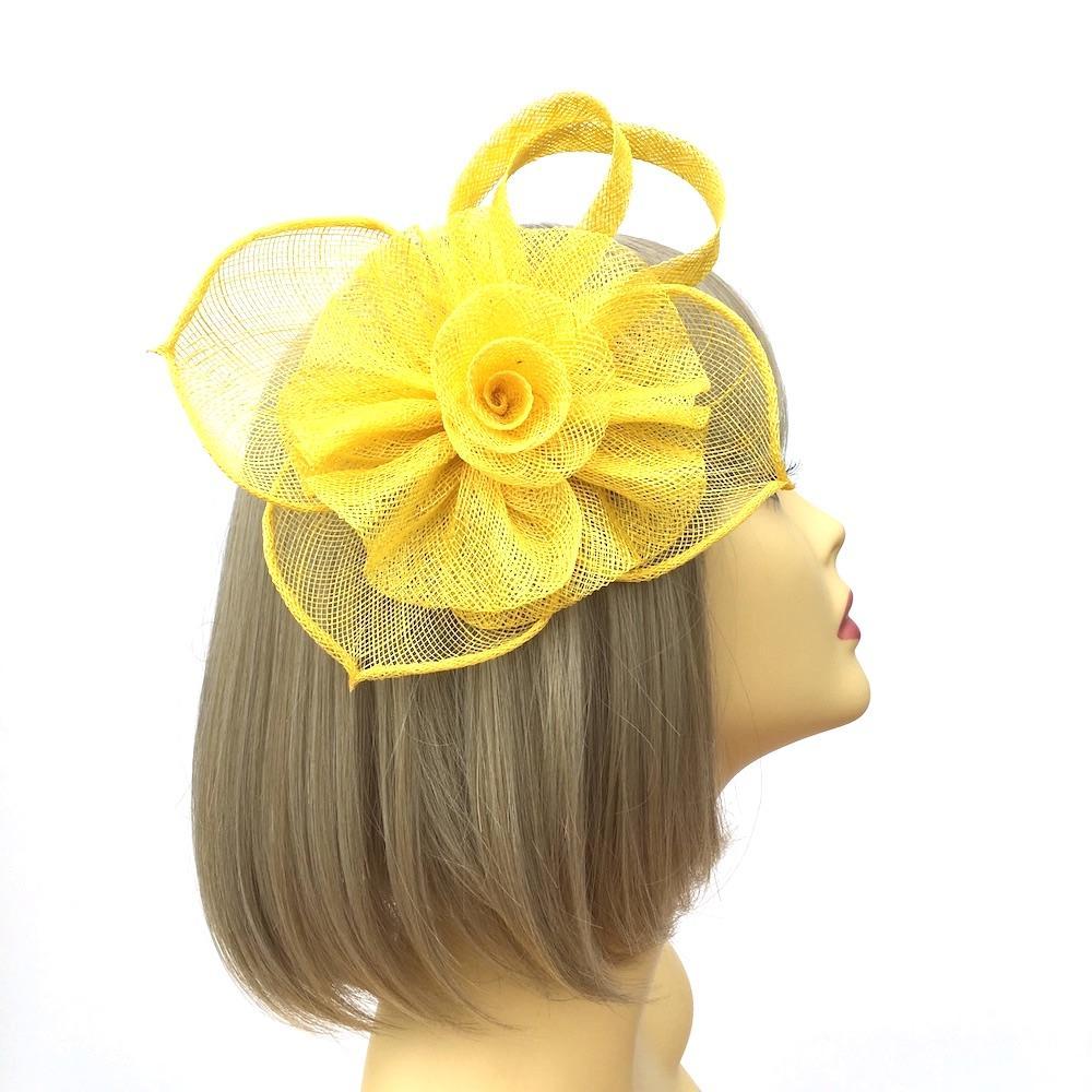 Ruched Sinamay Flower & Leaf Yellow Comb Fascinator-Fascinators Direct