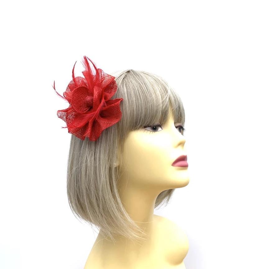 Ruched Sinamay Flower Red Fascinator Clip with Feathers-Fascinators Direct