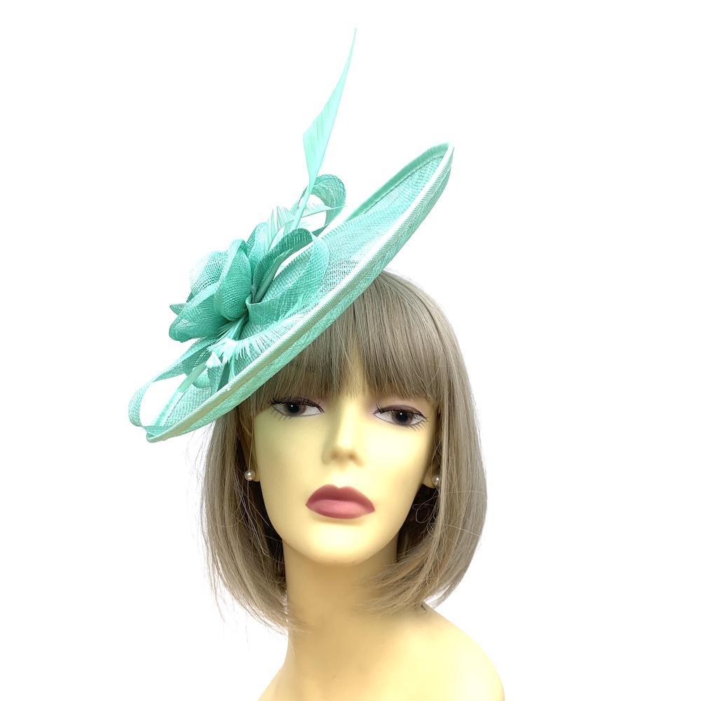 Saucer Style Mint Green Fascinator Hat with Flower &amp; Ribbons-Fascinators Direct