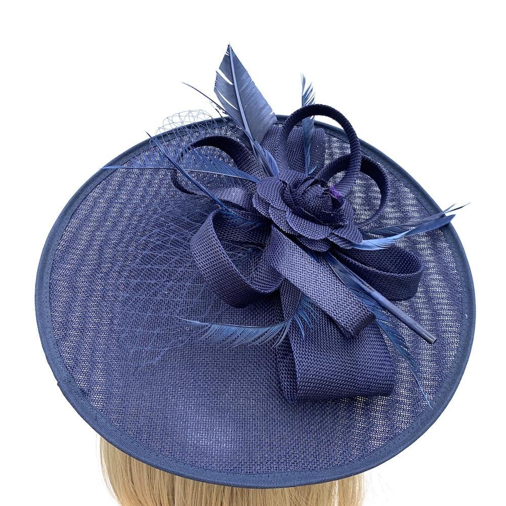 Saucer Style Navy Fascinator Hat with Rose &amp; Ribbons-Fascinators Direct