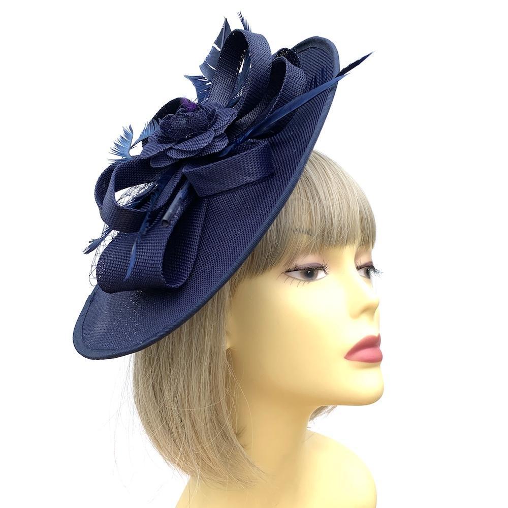 Saucer Style Navy Fascinator Hat with Rose &amp; Ribbons-Fascinators Direct