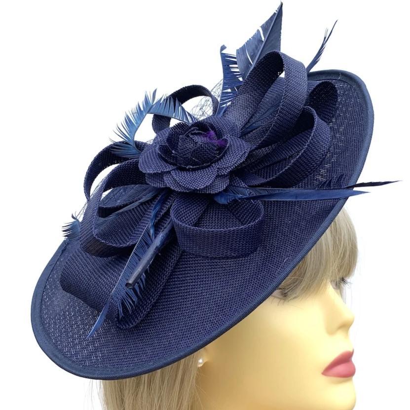 Saucer Style Navy Fascinator Hat with Rose &amp; Ribbons-Fascinators Direct